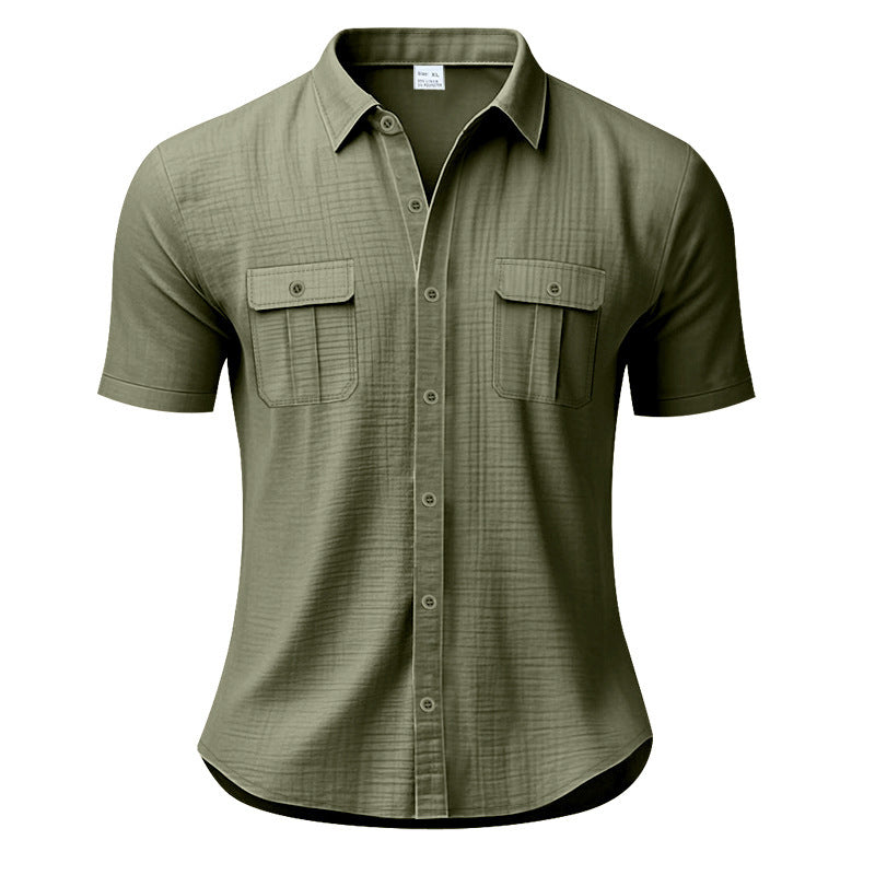 Men's structured short sleeve shirt in linen gauze look with flap pockets and rounded hem StylebySassy