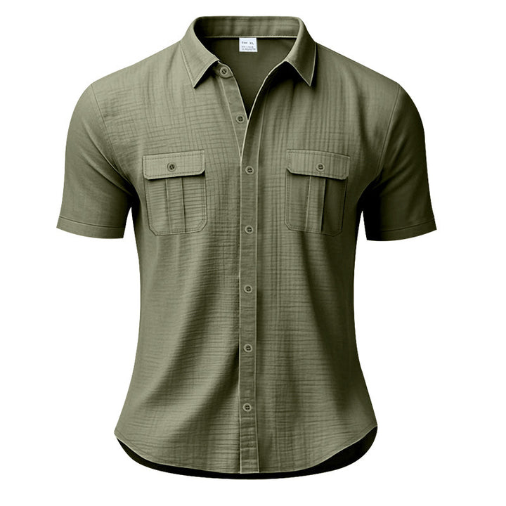Men's structured short sleeve shirt in linen gauze look with flap pockets and rounded hem StylebySassy
