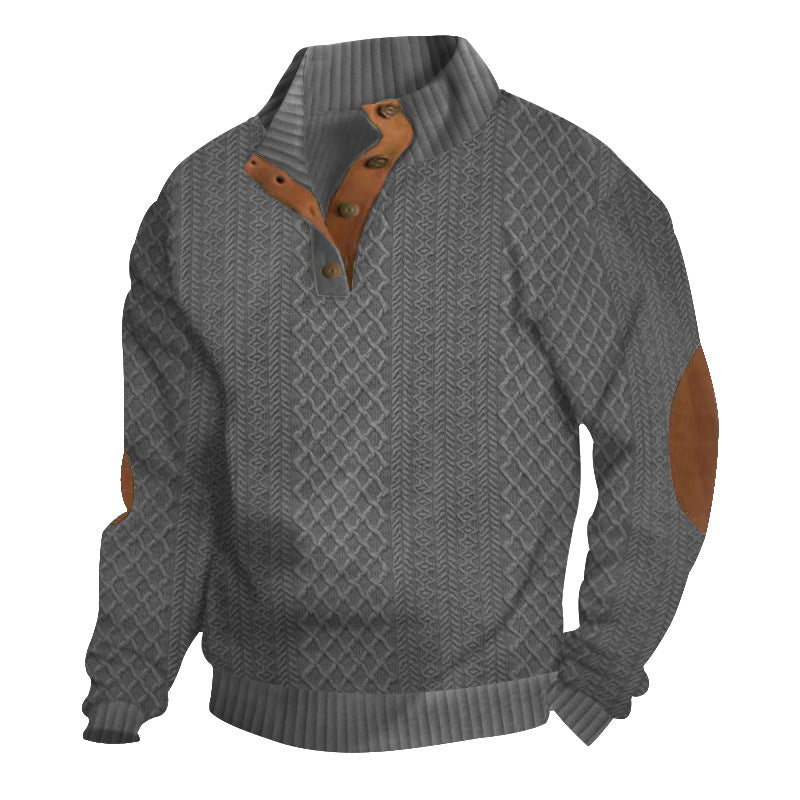 Men's chunky knitted sweater with elbow patches, stand collar and button placket StylebySassy