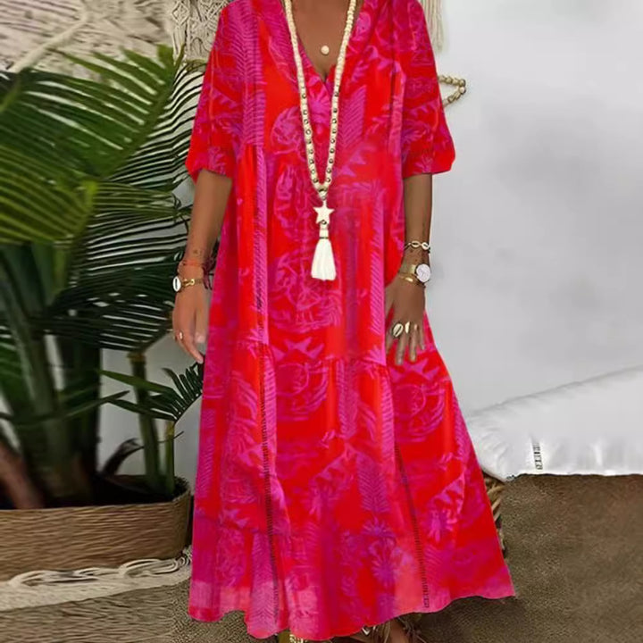 Ladies Boho Long Dress with Deep V-Neck, Tiered Cut and Casual Oversized Fit StylebySassy
