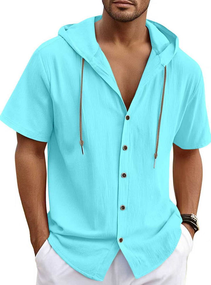 Men's short-sleeved hooded shirt with button placket, drawstring and linen look StylebySassy