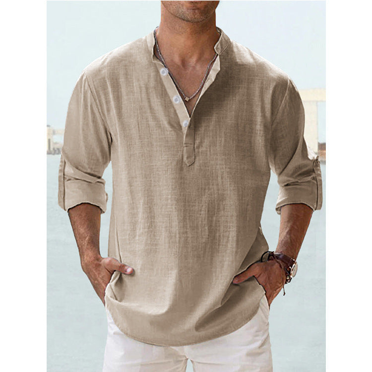 Men's nan casual linen henley shirt with stand-up collar, roll-up sleeves, and rounded hem StylebySassy