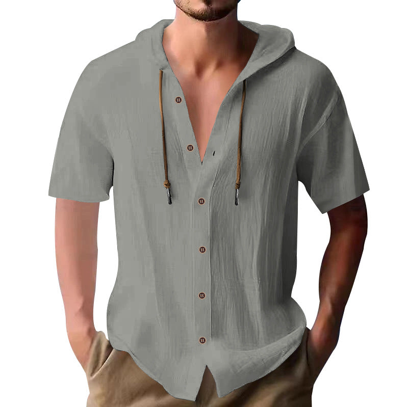 Men's lightweight short-sleeve hooded shirt with button placket and breathable cotton blend StylebySassy