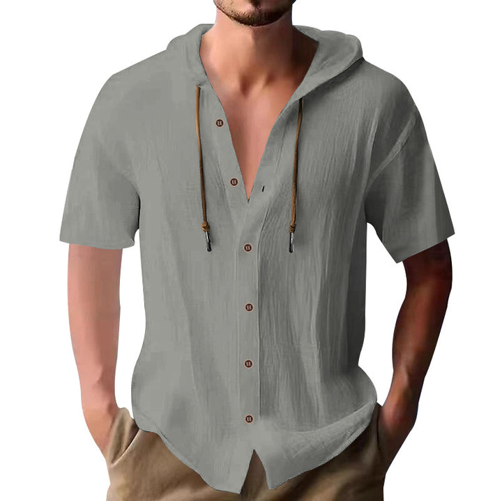 Men's lightweight short-sleeve hooded shirt with button placket and breathable cotton blend StylebySassy
