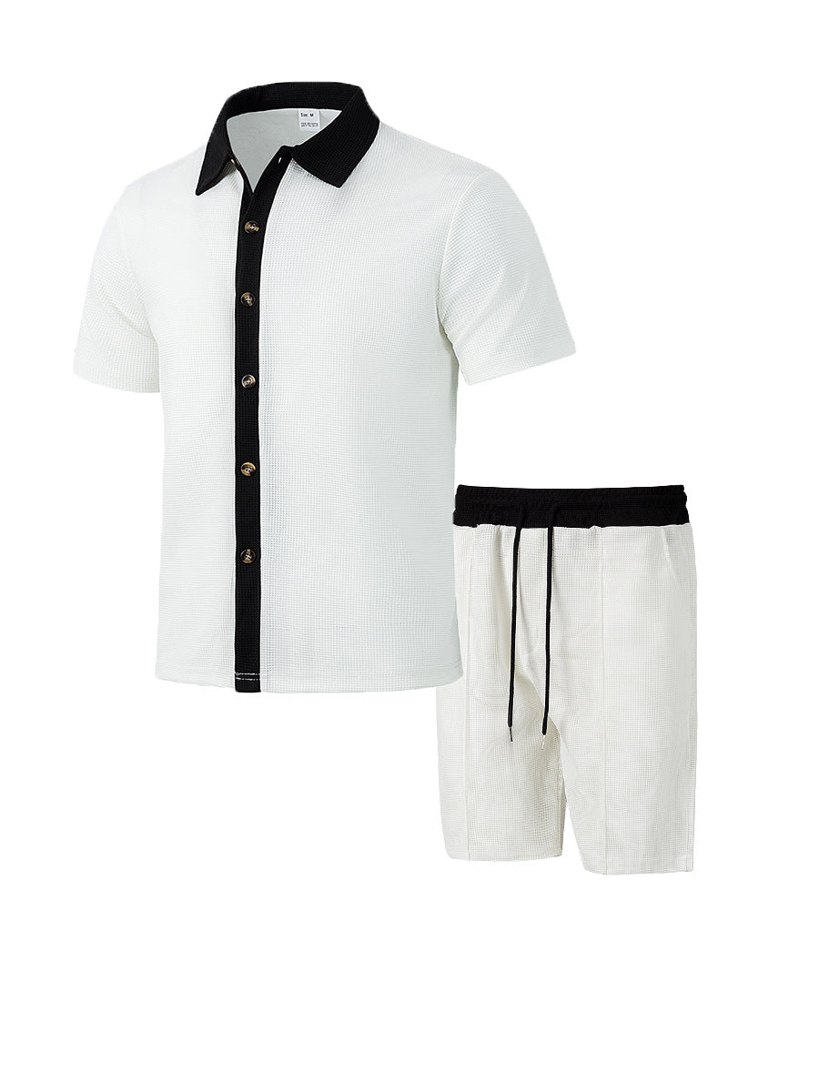 Men's modern leisure set made of fine textured jersey with shirt collar button placket and drawstring shorts StylebySassy