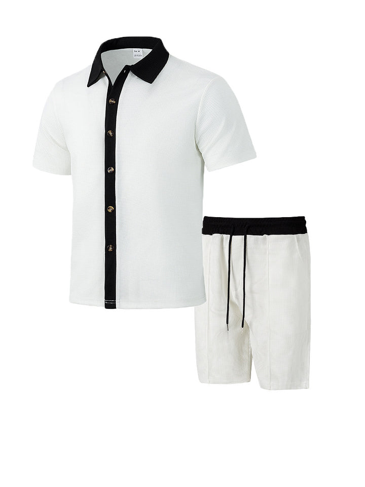 Men's modern leisure set made of fine textured jersey with shirt collar button placket and drawstring shorts StylebySassy