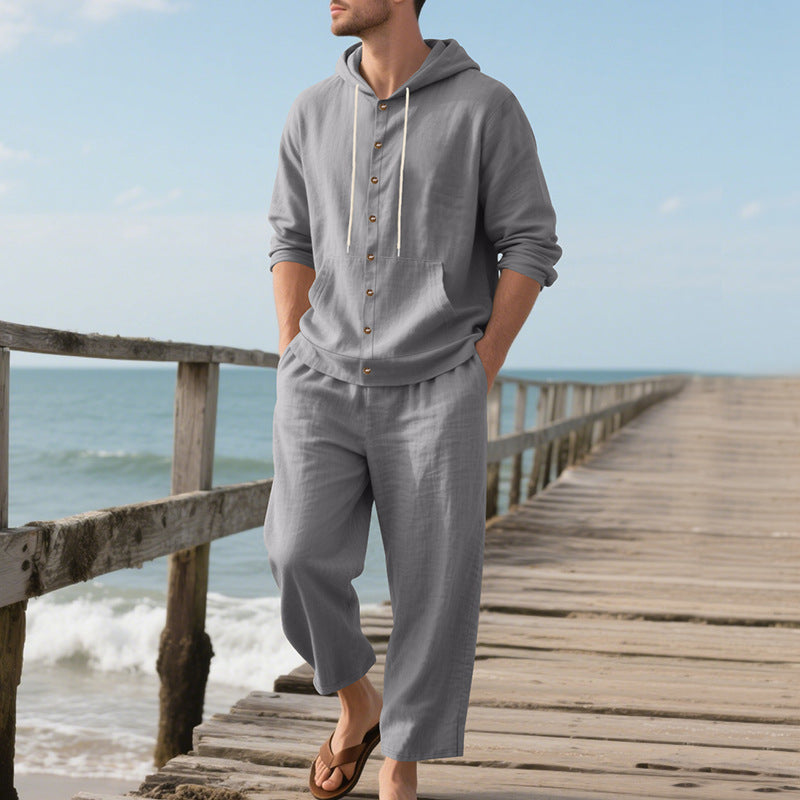Men's casual beach ensemble made of lightweight linen blend with hooded henley and elastic waistband pants StylebySassy