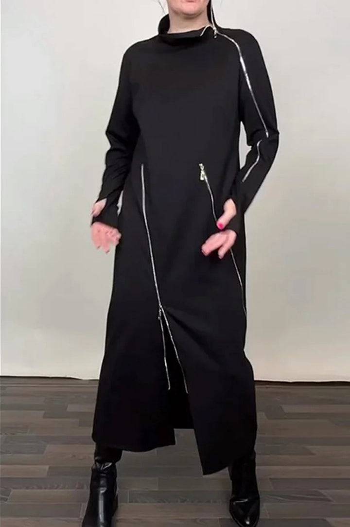 Women's Long Knit Dress with Asymmetric Metal Zippers and Front Slit StylebySassy