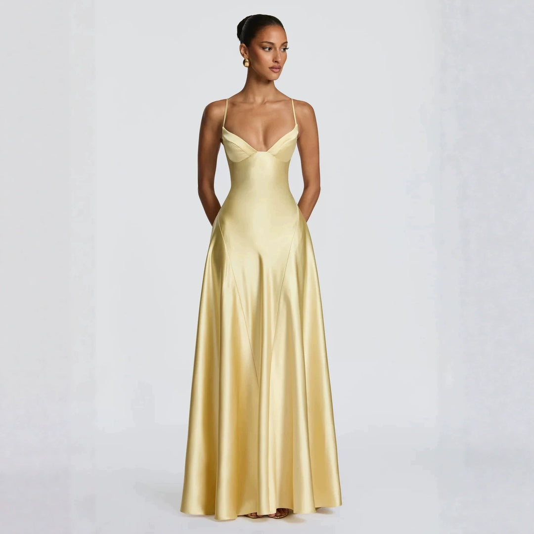 Ladies elegant satin maxi dress with refined spaghetti straps StylebySassy