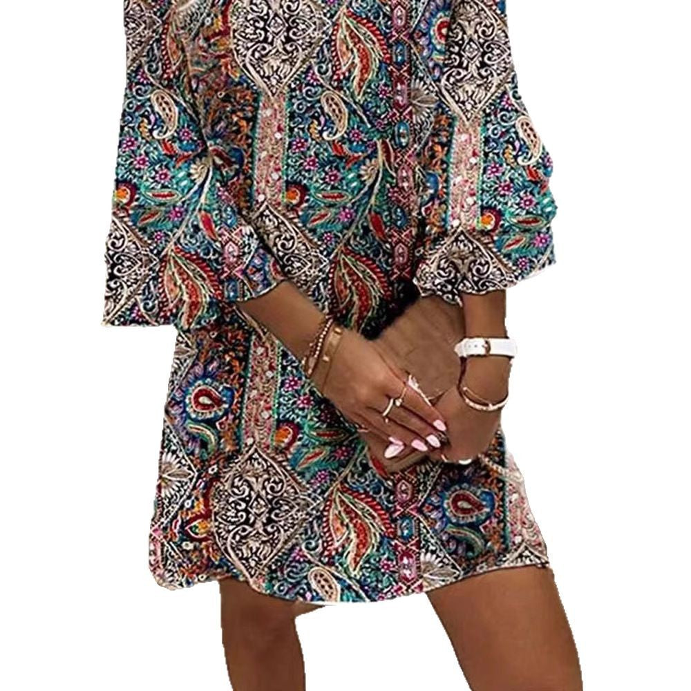Women nan Boho Tunic Mini Dress with V Neck and Bell Sleeves StylebySassy