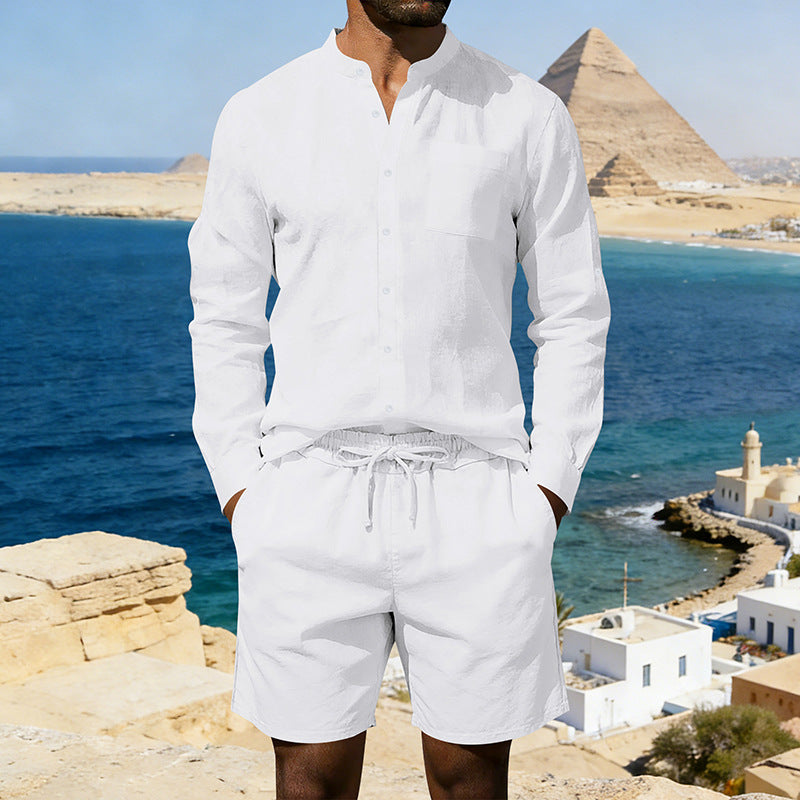 Men's casual linen set with stand collar shirt and drawstring shorts StylebySassy