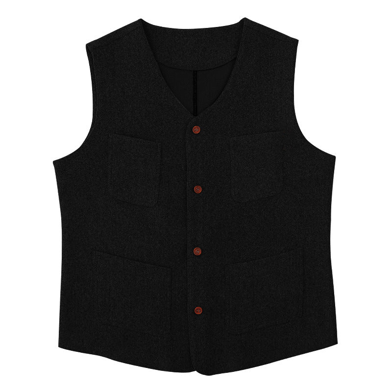 Men's wool blend vest with V-neck, patch pockets, and mesh lining StylebySassy