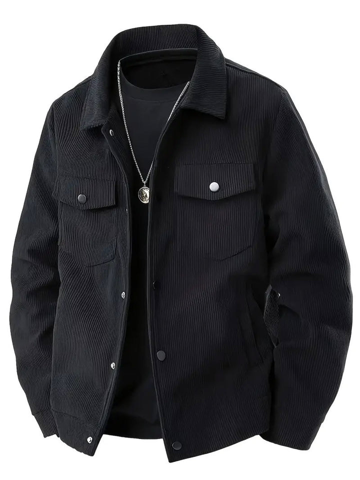Men's cord jacket in the classic work jacket style with snap buttons and chest pockets StylebySassy