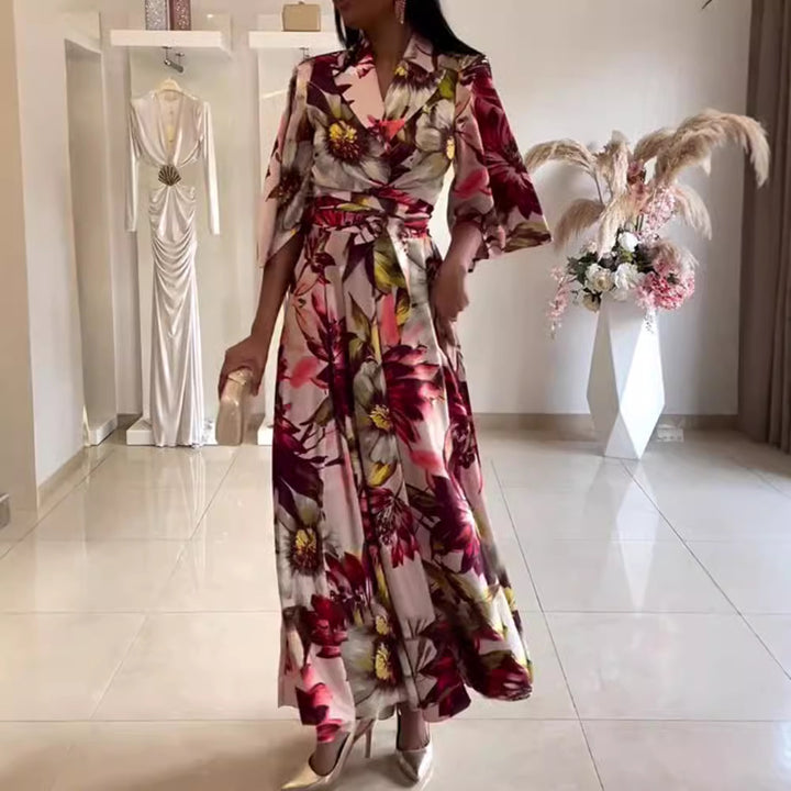 Ladies nan maxi dress with shawl collar, kimono sleeves and waist-defining tie belt StylebySassy