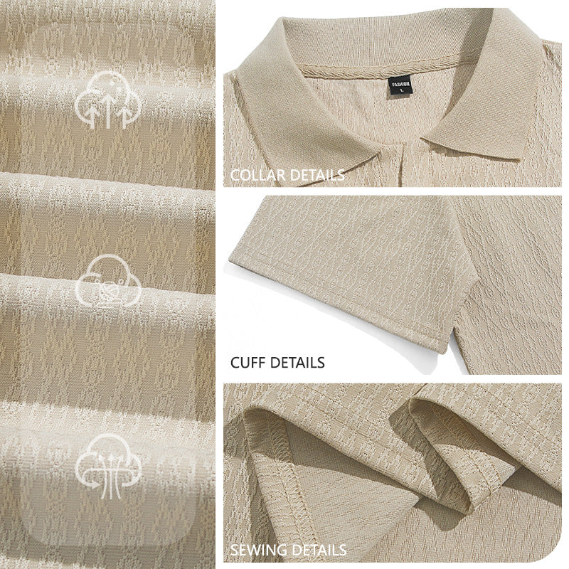Men's elegant short-sleeve polo made of structured micro-jacquard cotton blend with shape-retaining shirt collar StylebySassy