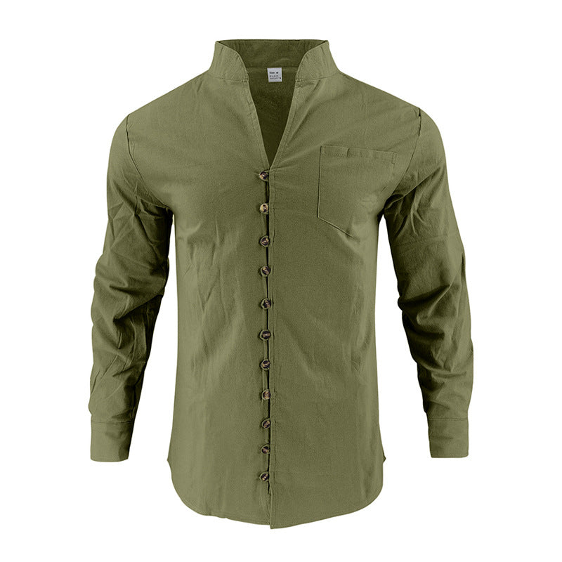 Men's lightweight linen shirt with stand-up collar, full button placket, and patch chest pocket StylebySassy