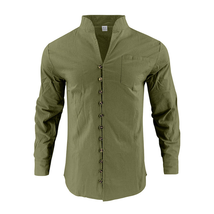 Men's lightweight linen shirt with stand-up collar, full button placket, and patch chest pocket StylebySassy