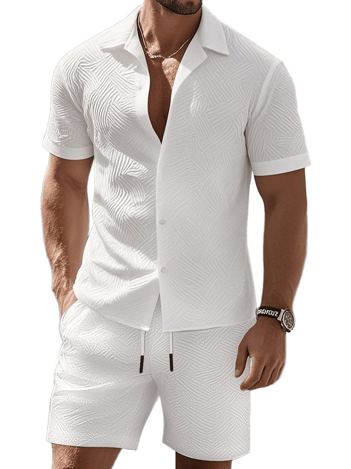 Men's nan geometric embossed short sleeve shirt and Bermuda two-piece set with shirt collar and drawstring StylebySassy