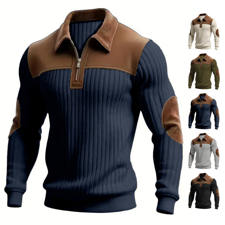 Men's ribbed half-zip pullover with contrasting leather appliqués on shoulders and elbows StylebySassy