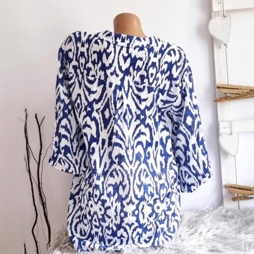 Women nan locker cut tunic blouse with Ikat pattern, V-neck and three-quarter sleeves StylebySassy