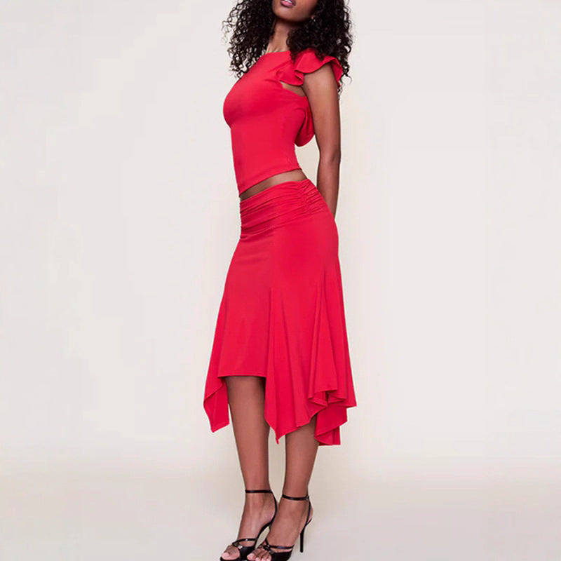 Women's elegant top with ruffle details and asymmetrical skirt StylebySassy
