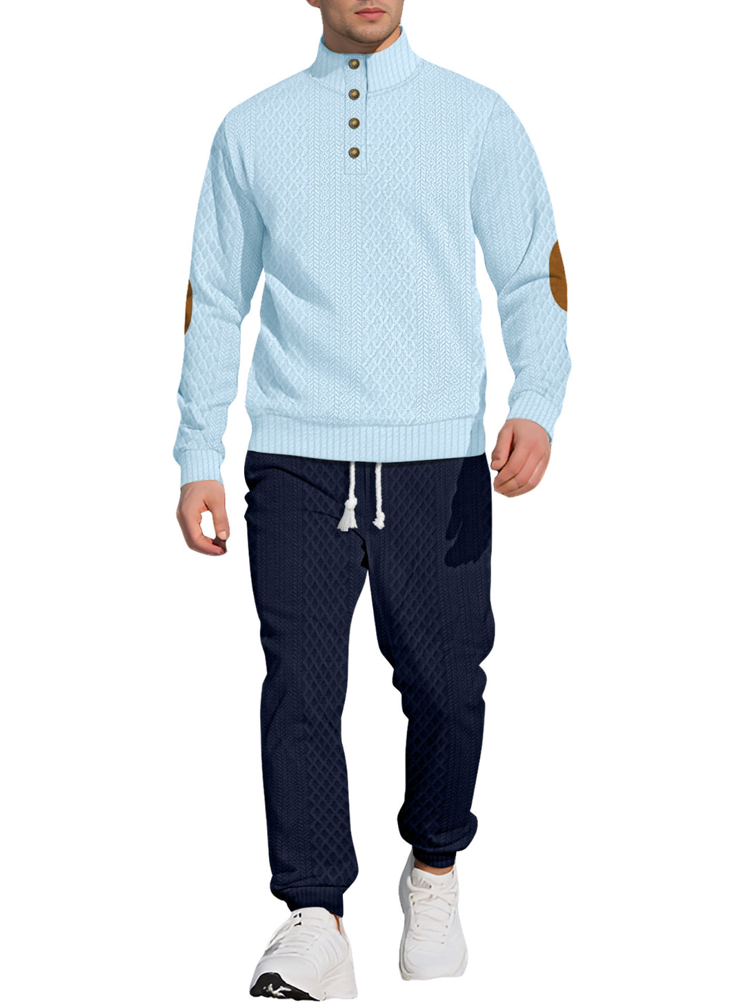 Men's patterned knit leisure set with half-button stand collar suede elbow patches and drawstring joggers StylebySassy