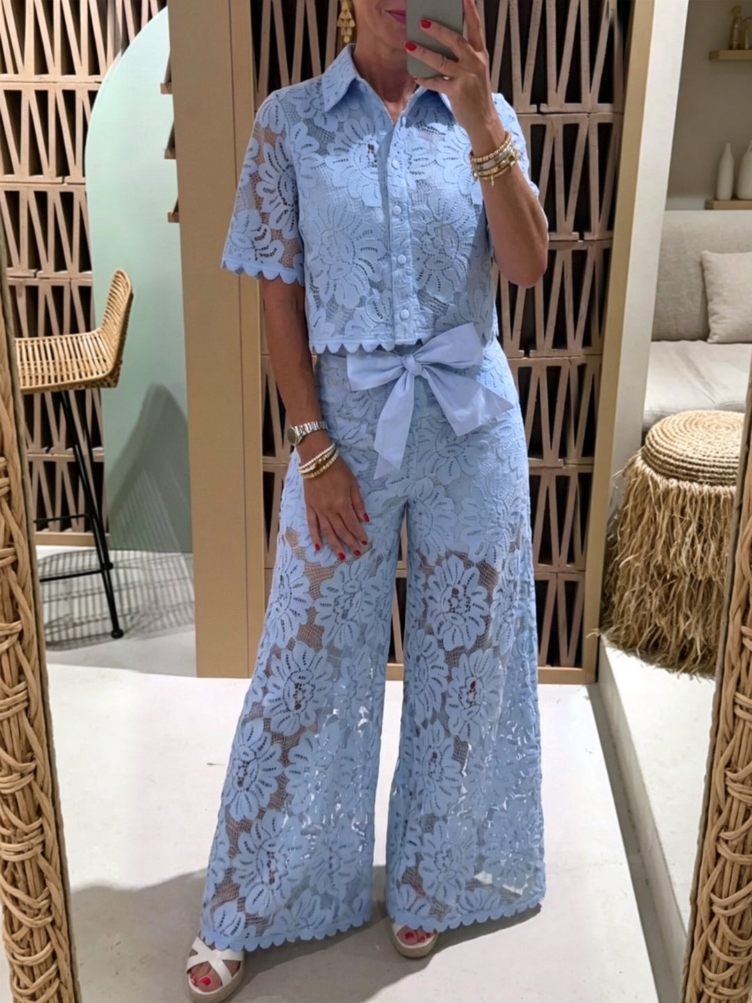 Women's elegant lace combination with short-sleeved blouse, scalloped hem, and tailored palazzo pants with tie belt StylebySassy