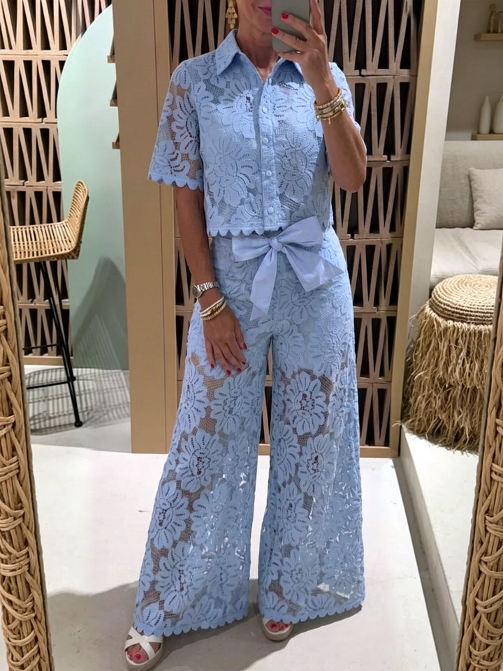 Women's elegant lace combination with short-sleeved blouse, scalloped hem, and tailored palazzo pants with tie belt StylebySassy