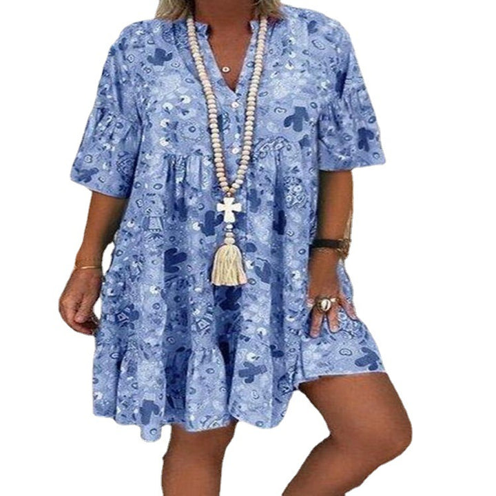 Women's A-line tunic mini dress with V-neck, tiered ruffles, and Boho bandana print StylebySassy