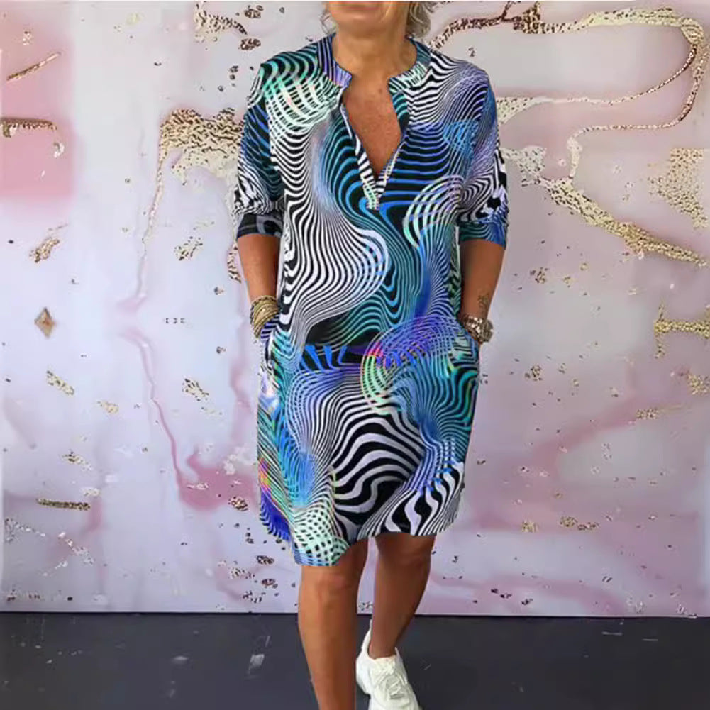 Women knee-length tunic dress with stand-up collar and V-neck StylebySassy
