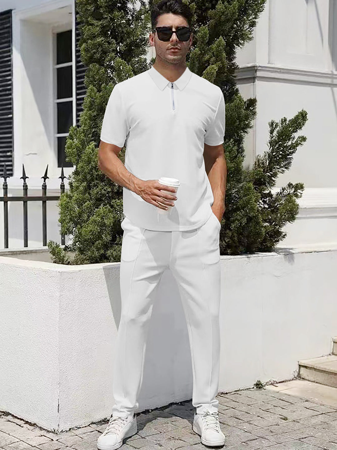 Men's urban travel polo shirt with short front zipper, elastic interlock and wrinkle-free care StylebySassy