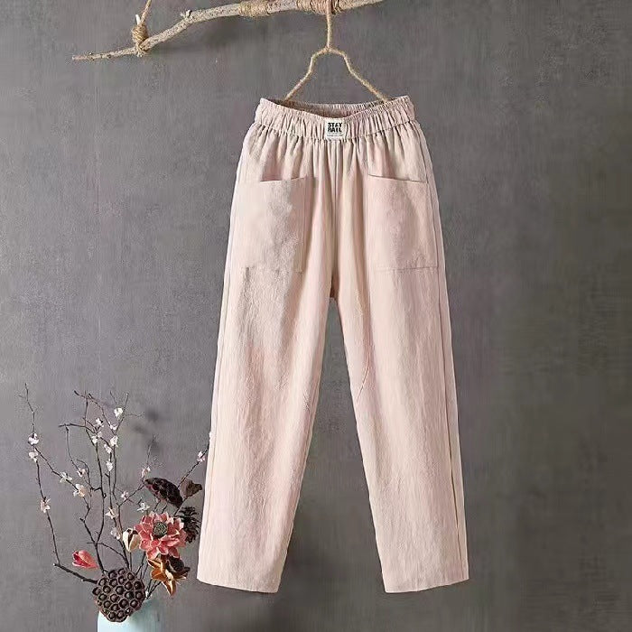 Ladies casual linen blend trousers with elastic waistband, straight leg, and large patch pockets StylebySassy
