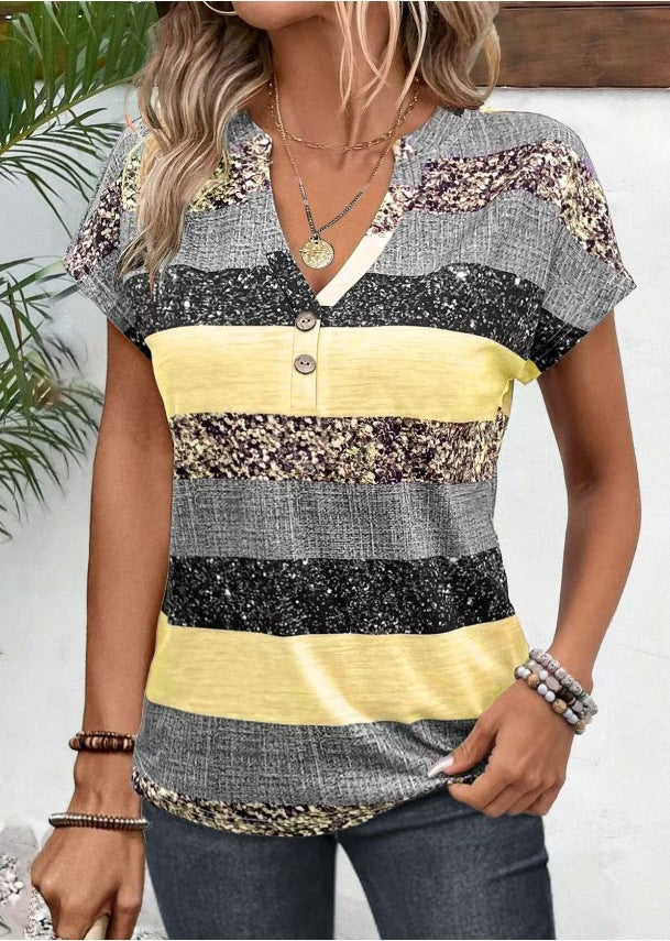 Women's striped viscose blend relaxed shirt with V-neck, rolled sleeves, and decorative button placket StylebySassy
