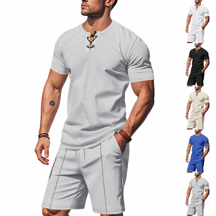 Men's short-sleeved lace-up collar shirt in waffle jersey with pleated Bermuda StylebySassy