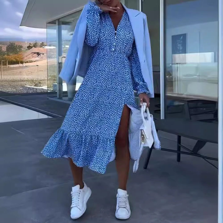 Women nan midi dress with V-neck gathered waist seam long sleeves flounce hem and side leg slit StylebySassy
