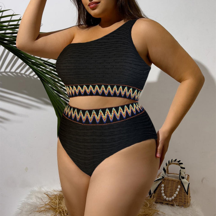 Ladies Sporty Two-Piece Swimsuit with Unique Cut-Out Design and Colorful Banner Pattern StylebySassy