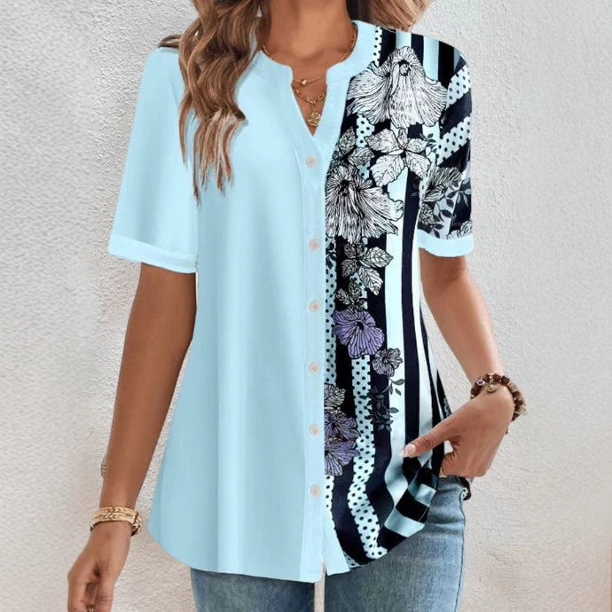 Women two-piece shirt blouse with asymmetrical pattern mix, button placket and loose hip length StylebySassy