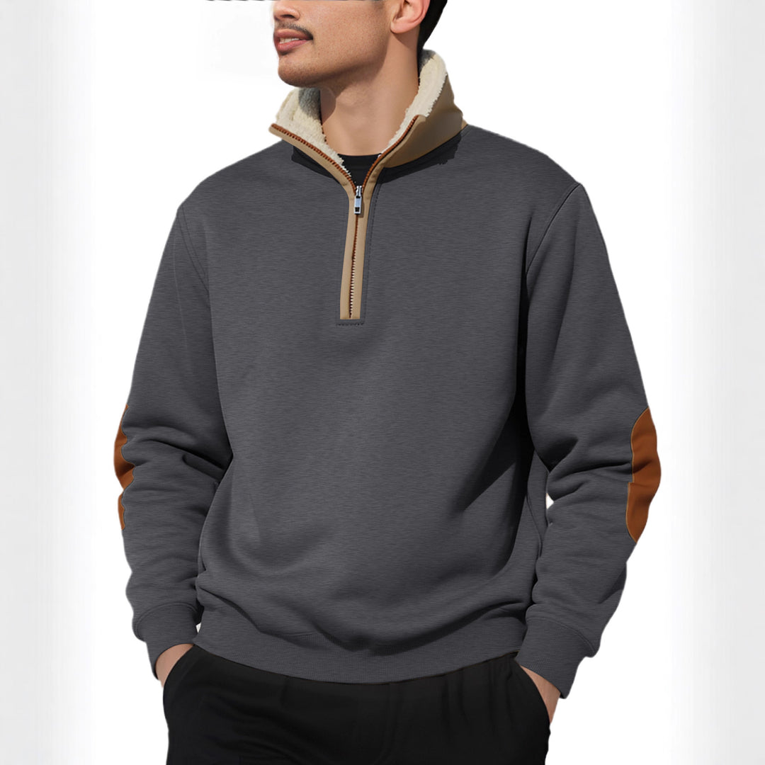 Men's nano lightweight half-zip sweatshirt with sherpa lined stand-up collar and faux leather elbow patch StylebySassy