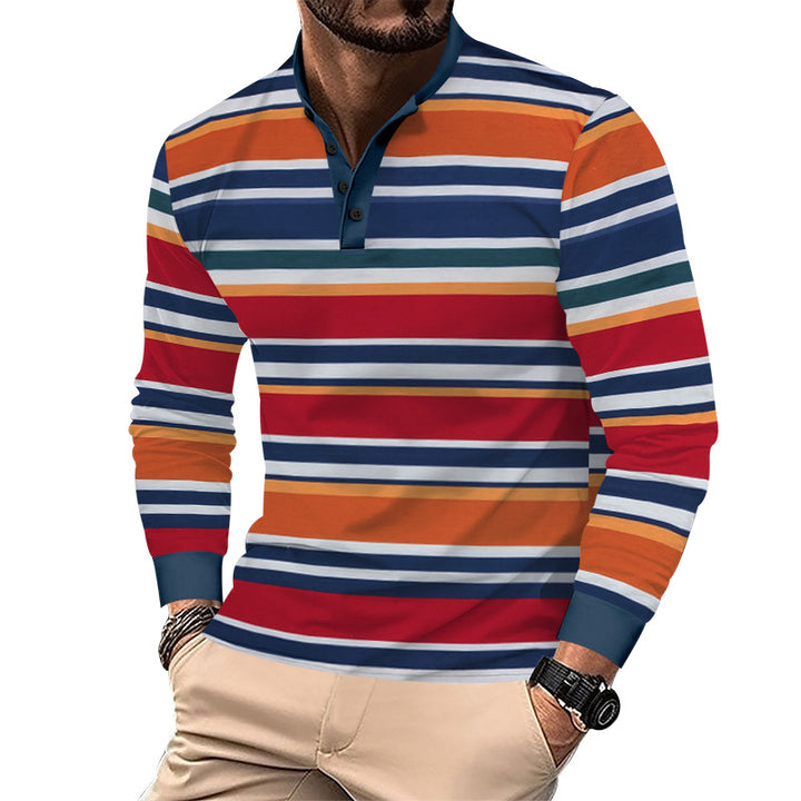 Men's striped long-sleeve Henley shirt with stand-up collar, slim fit and elastic cotton mix StylebySassy