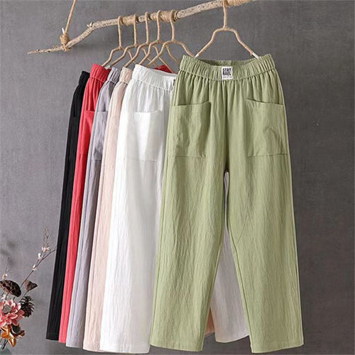 Ladies casual linen blend trousers with elastic waistband, straight leg, and large patch pockets StylebySassy