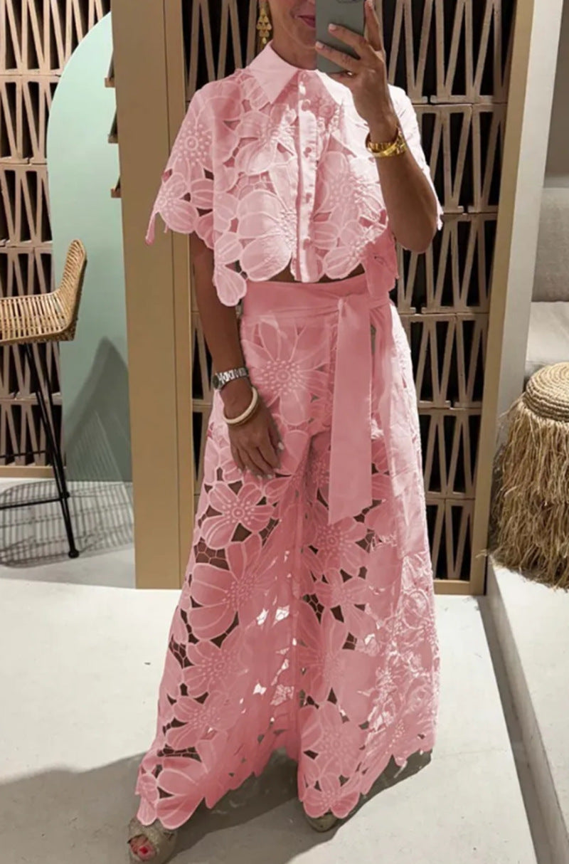 Ladies two-piece lace ensemble with crop top and wide palazzo pants StylebySassy