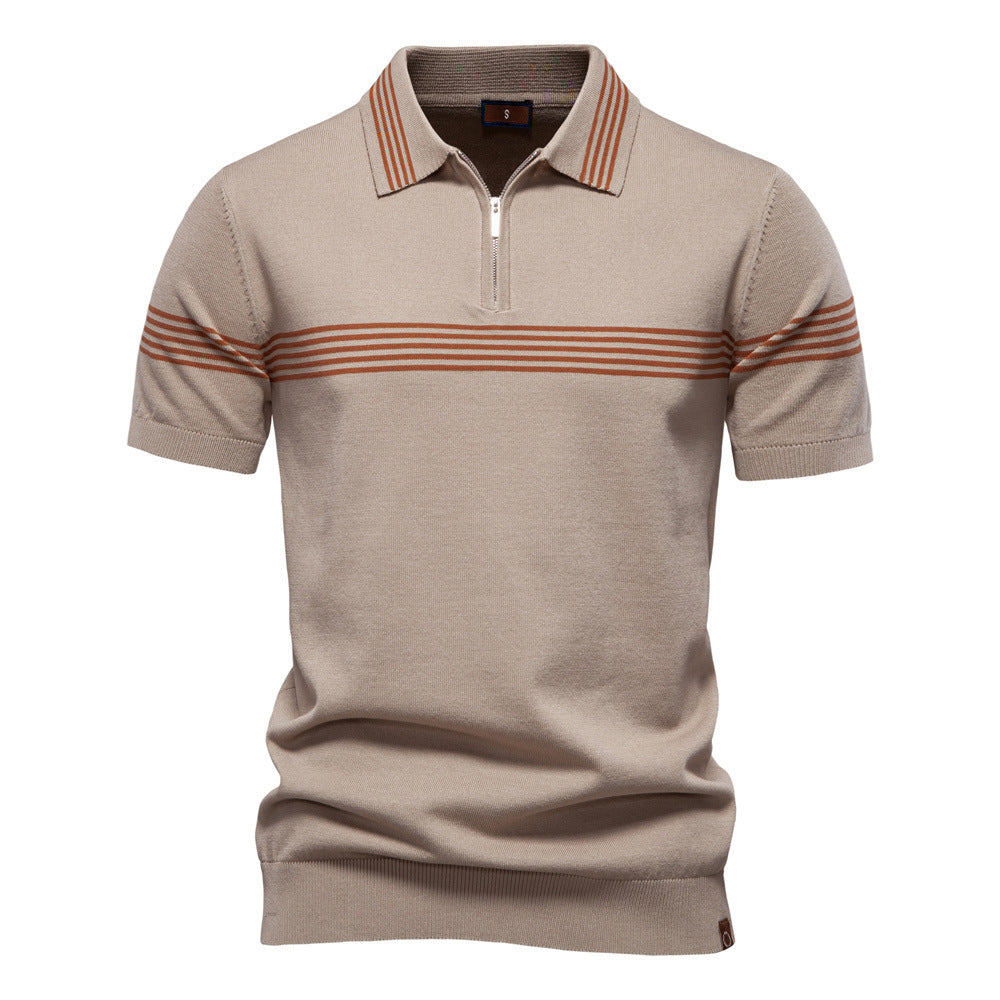 Men's noble fine-knit polo shirt with short metal zipper, cuffed sleeves, and contrasting striped bands StylebySassy