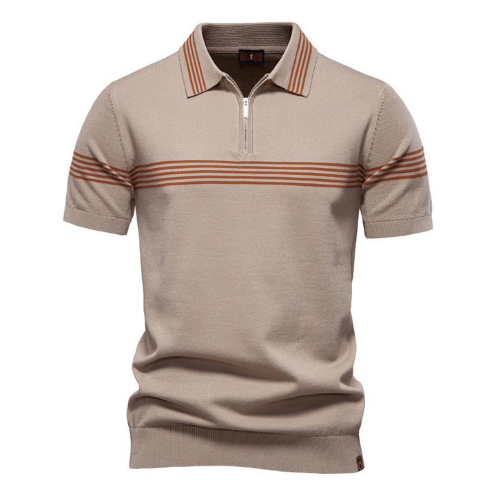Men's noble fine-knit polo shirt with short metal zipper, cuffed sleeves, and contrasting striped bands StylebySassy