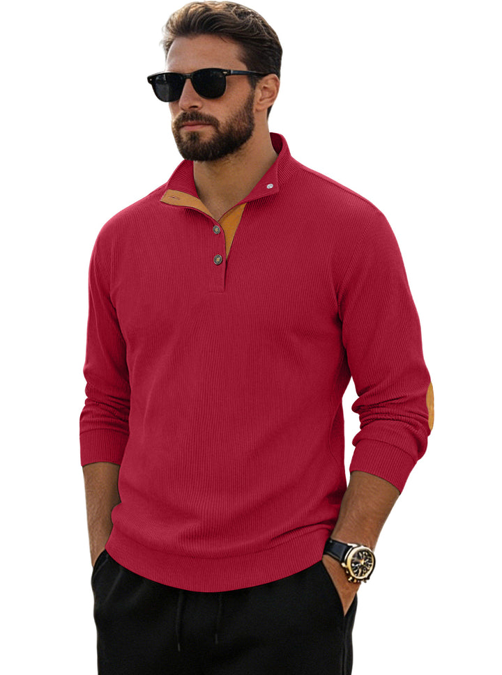 Men's fine ribbed knitted pullover with polo collar button placket and elbow patch StylebySassy