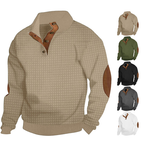 Men's waffle structure troyer with stand-up collar, button placket and nappa leather elbow patches StylebySassy