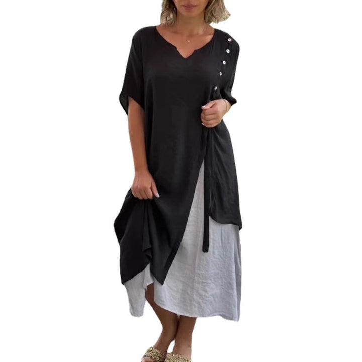 Women's double-layer shirt dress with asymmetric layered skirt, side decorative button placket, and drawstring StylebySassy