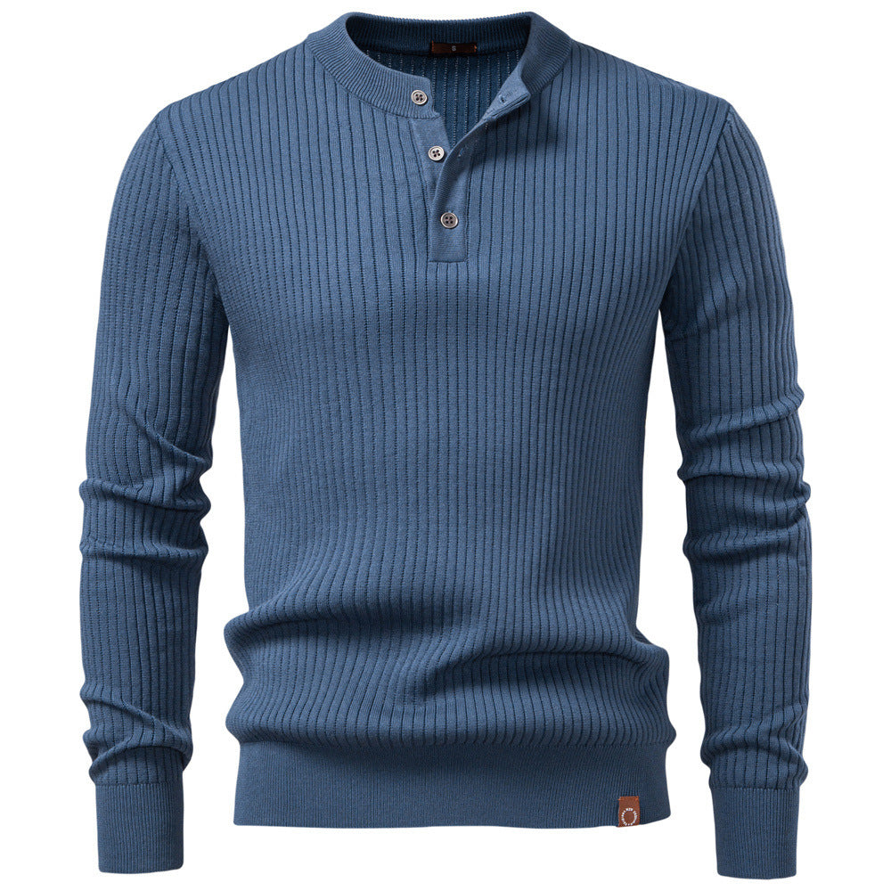 Men's ribbed long-sleeve henley pullover with stand-up collar, fine rib knit and slim fit StylebySassy