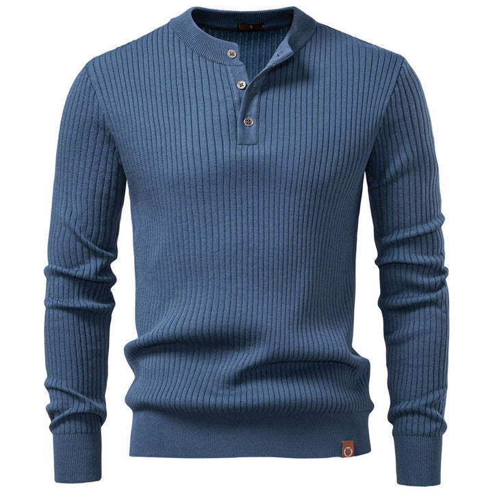 Men's ribbed long-sleeve henley pullover with stand-up collar, fine rib knit and slim fit StylebySassy