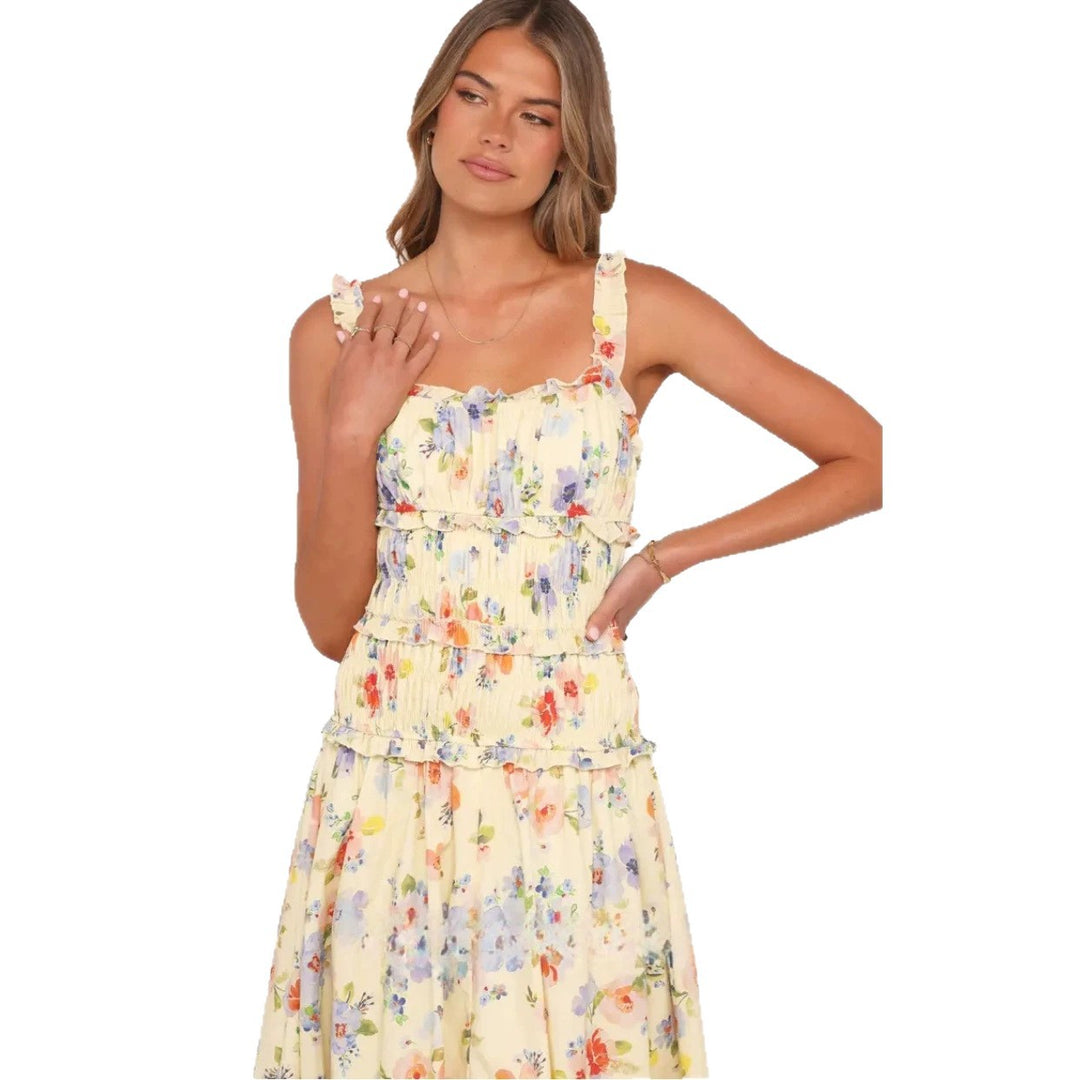 Women nan airy-light tiered midi dress with gathered bodice and ruffled straps StylebySassy
