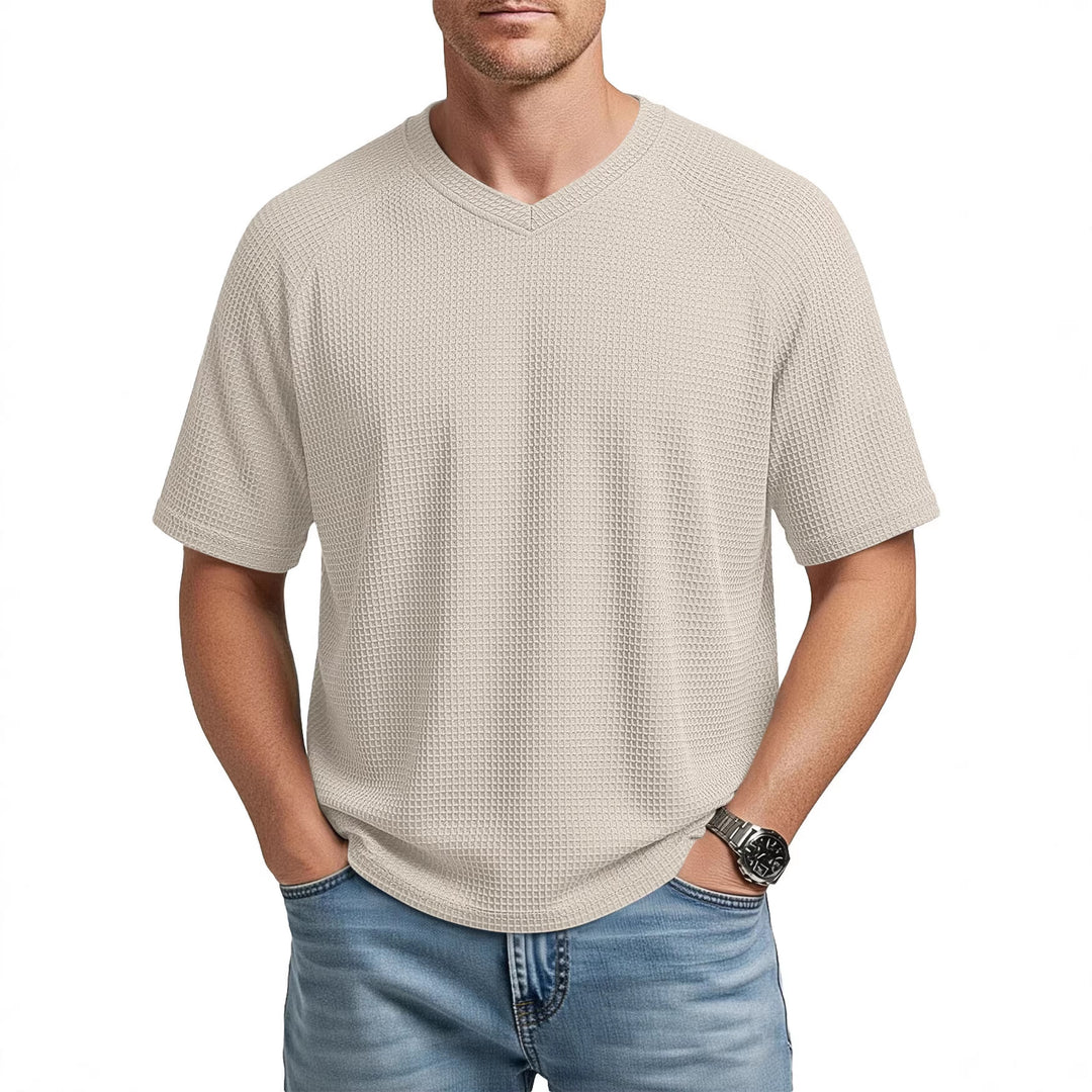 Men's casual V-neck waffle knit T-shirt made of breathable cotton blend StylebySassy